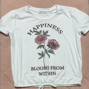 Beautees White Ribbed Tee with Pink Floral Graphic and Green Leaves